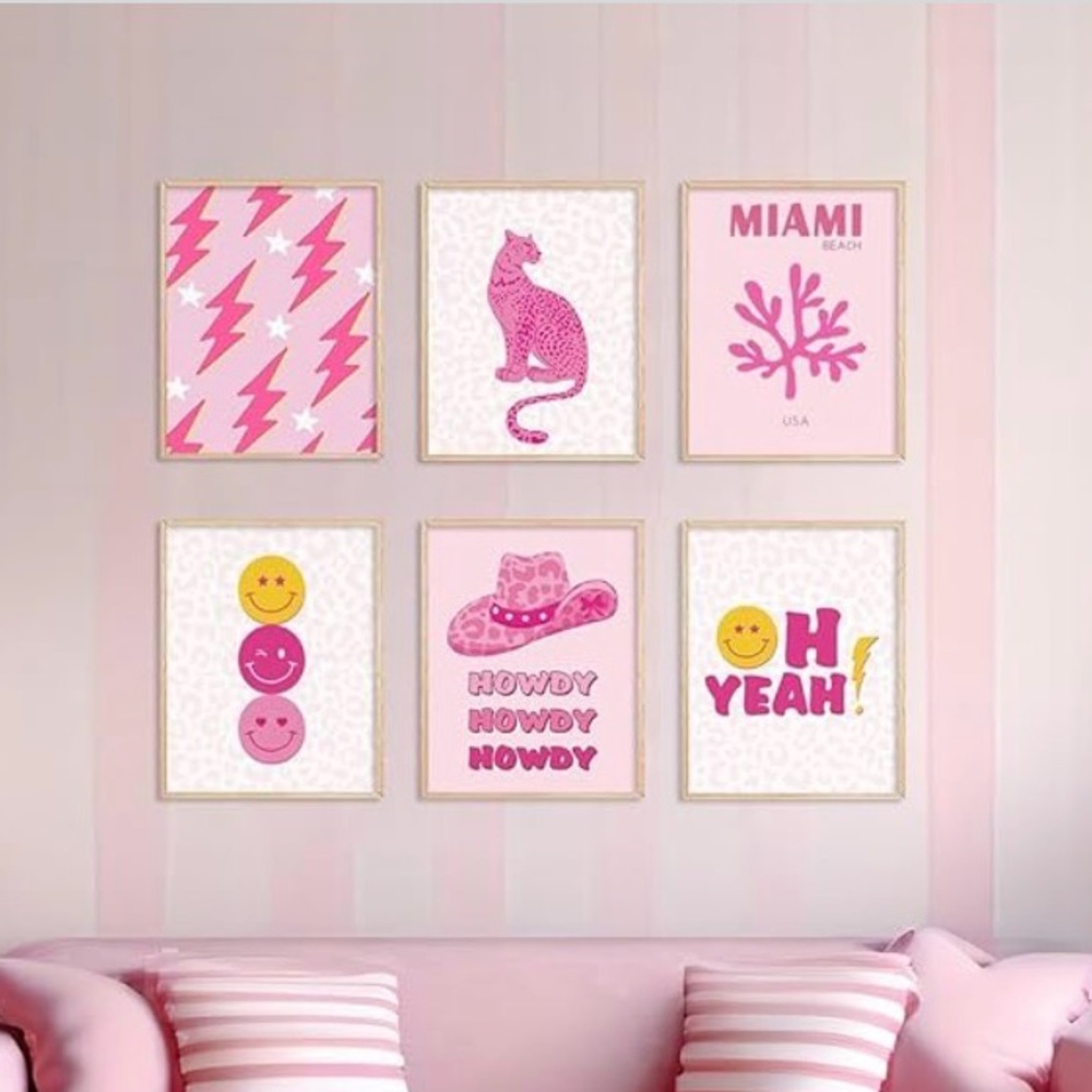 6 Pc Pink Aesthetic Wall Art Set 11x14 - Cowgirl, Leopard, Smiley Canvas Prints